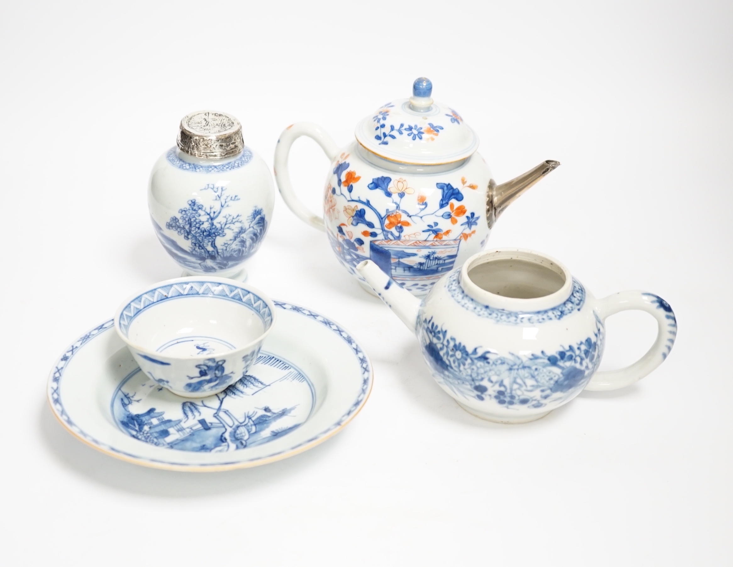 18th / 19th century Chinese export porcelain: two teapots, a tea canister, a plate and a teabowl, tallest 14cm